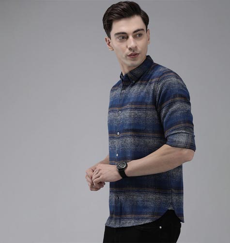 Men Navy Blue Slim Fit Tartan Checked Flannel Pure Cotton Casual Shirt